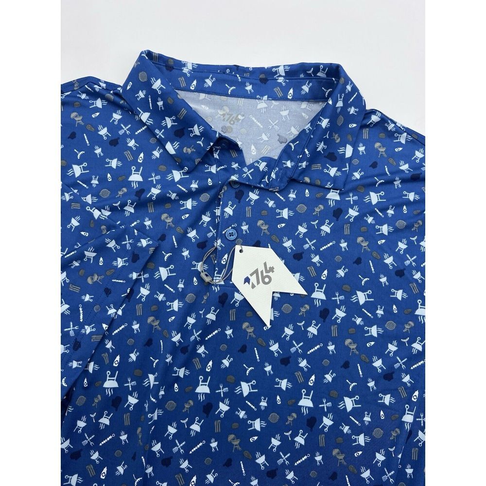 1764 Polo Men 2XL Blue Short‎ Sleeve Stretch Performance BBQ AO Print NWT